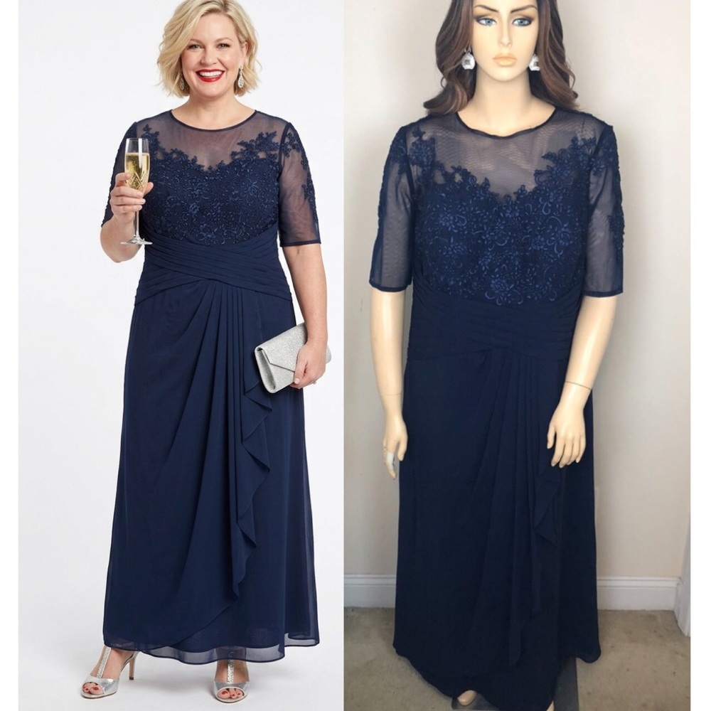 24W PLUS SIZE Navy Blue Floral Lace & Solid Formal Evening Wedding A-line Dress